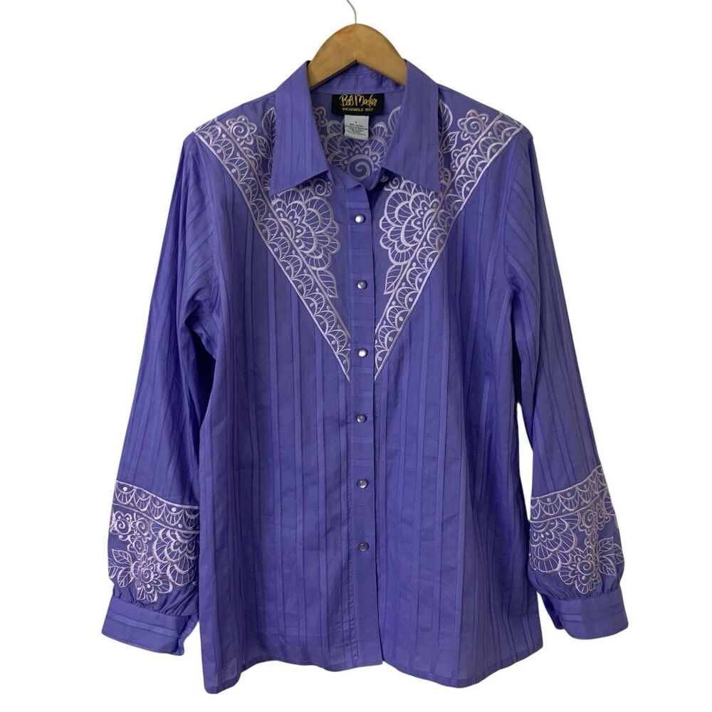 Bob Mackie Wearable Art Purple Embroidered Western Shirt Women's L Button Down